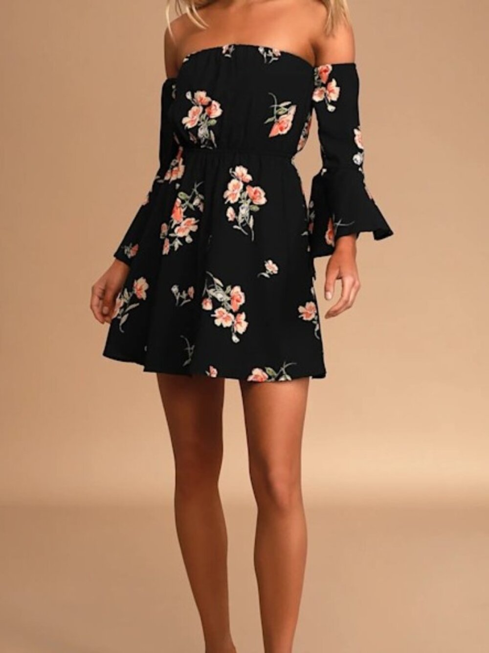 Women's Medium Lulus Lush Gardens Black Floral Print Off-The-Shoulder Mini Dress